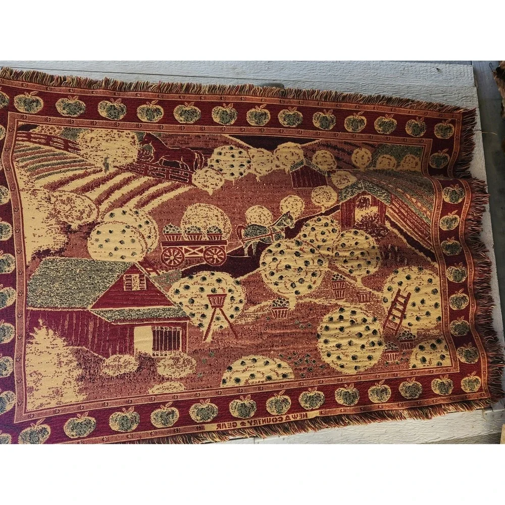 Vtg woven‎ Tapestry Throw Blanket Horses Barn Apple Orchard Thick Cotton Fringe